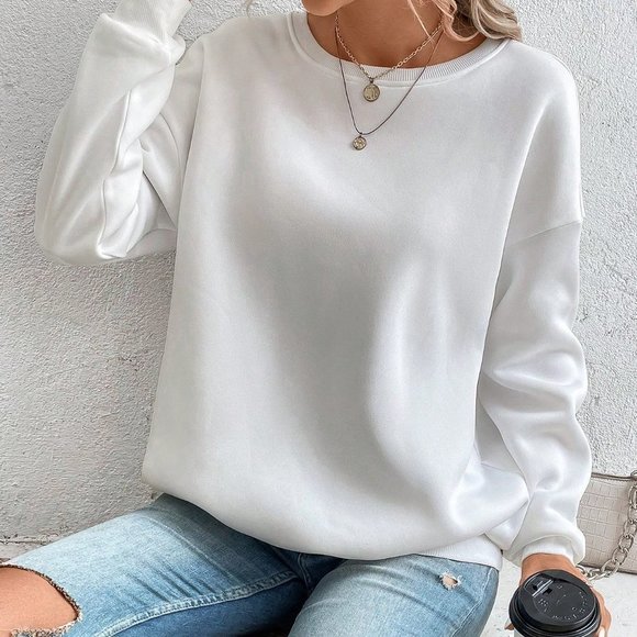 . Tops - White Preppy Womens Contrast Lace Drop Shoulder Split Back Sweatshirt